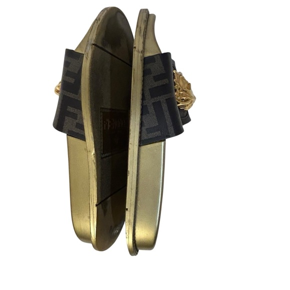 VERSACE x FENDI FENDACE Size EU 35 Slip On Pool Slide Vitello Calf Leather Gold - Picture 7 of 15